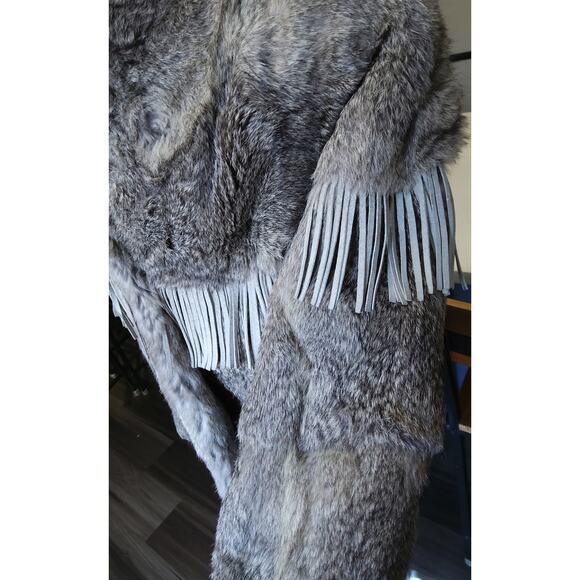 Vtg Rabbit Fur w/leather Fringe gray bomber jacket Western Chic 80s size small - Picture 7 of 11